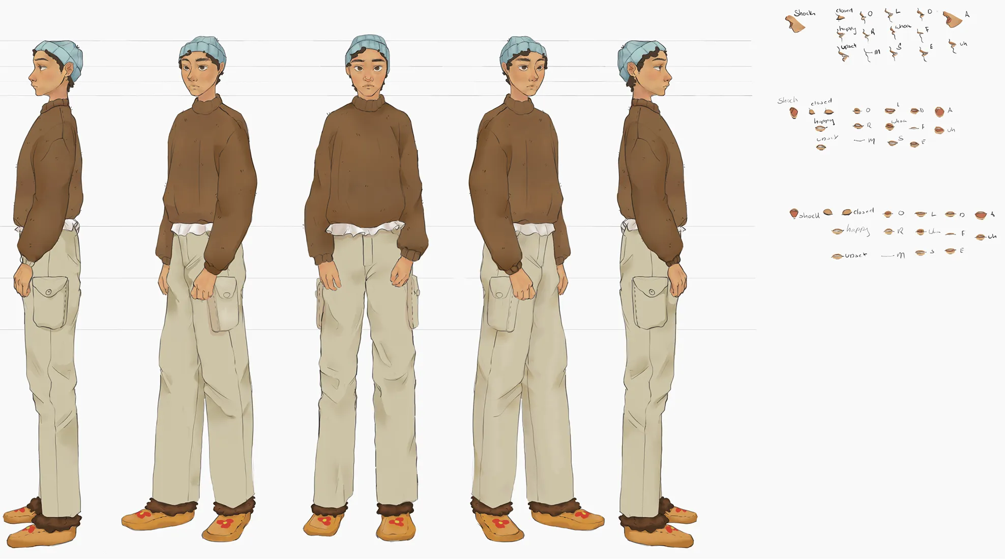 Four numbered black-and-white line-art concept sketches exploring different casual wardrobe and styling options for the character Friend.