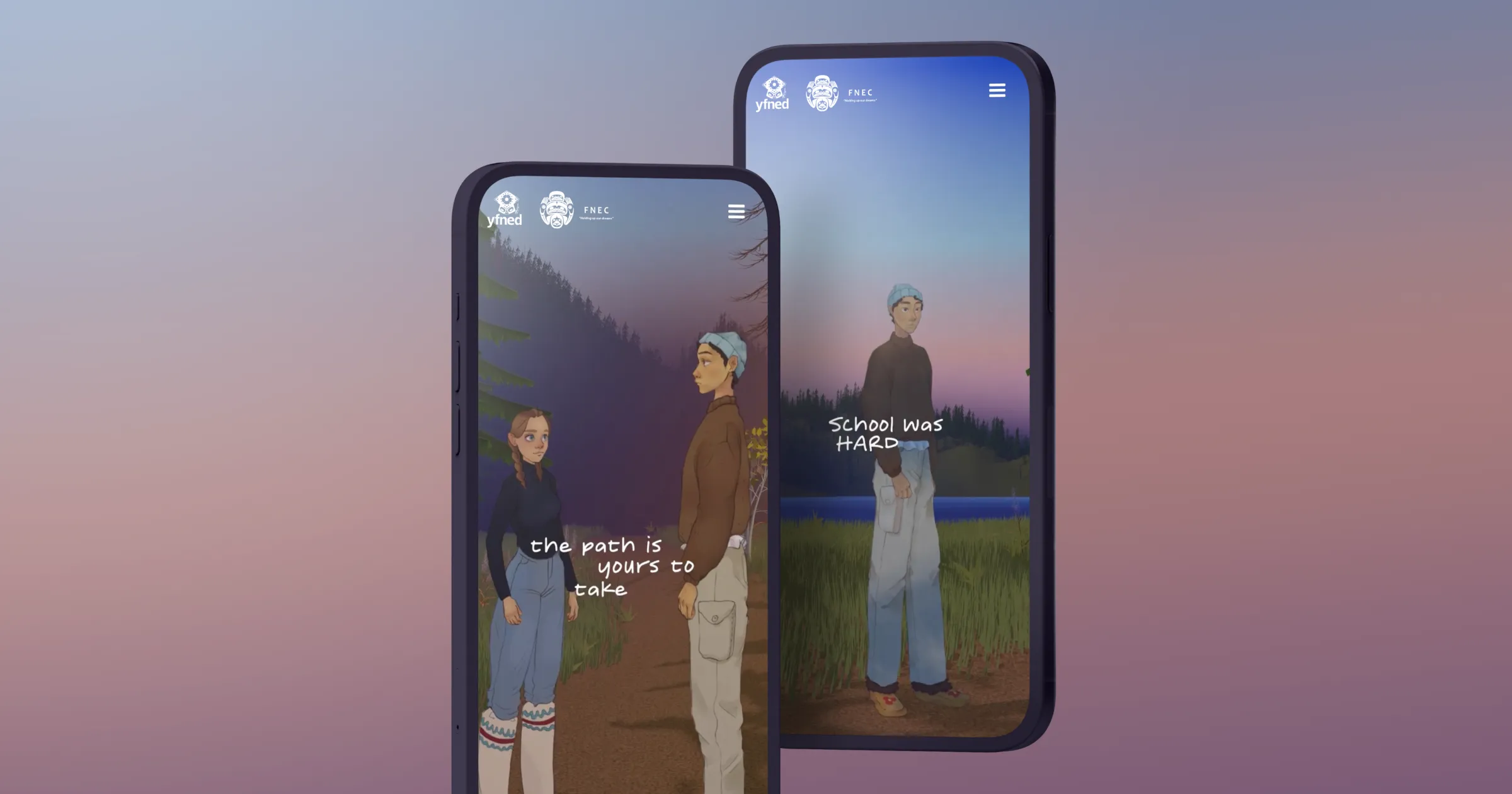 Two 3D mobile phone mockups displaying the YFNED app interface against a twilight gradient background. The screens feature the characters Sam and Friend in a rendered forest setting with the animated text overlays "the path is yours to take" and "School was HARD."
