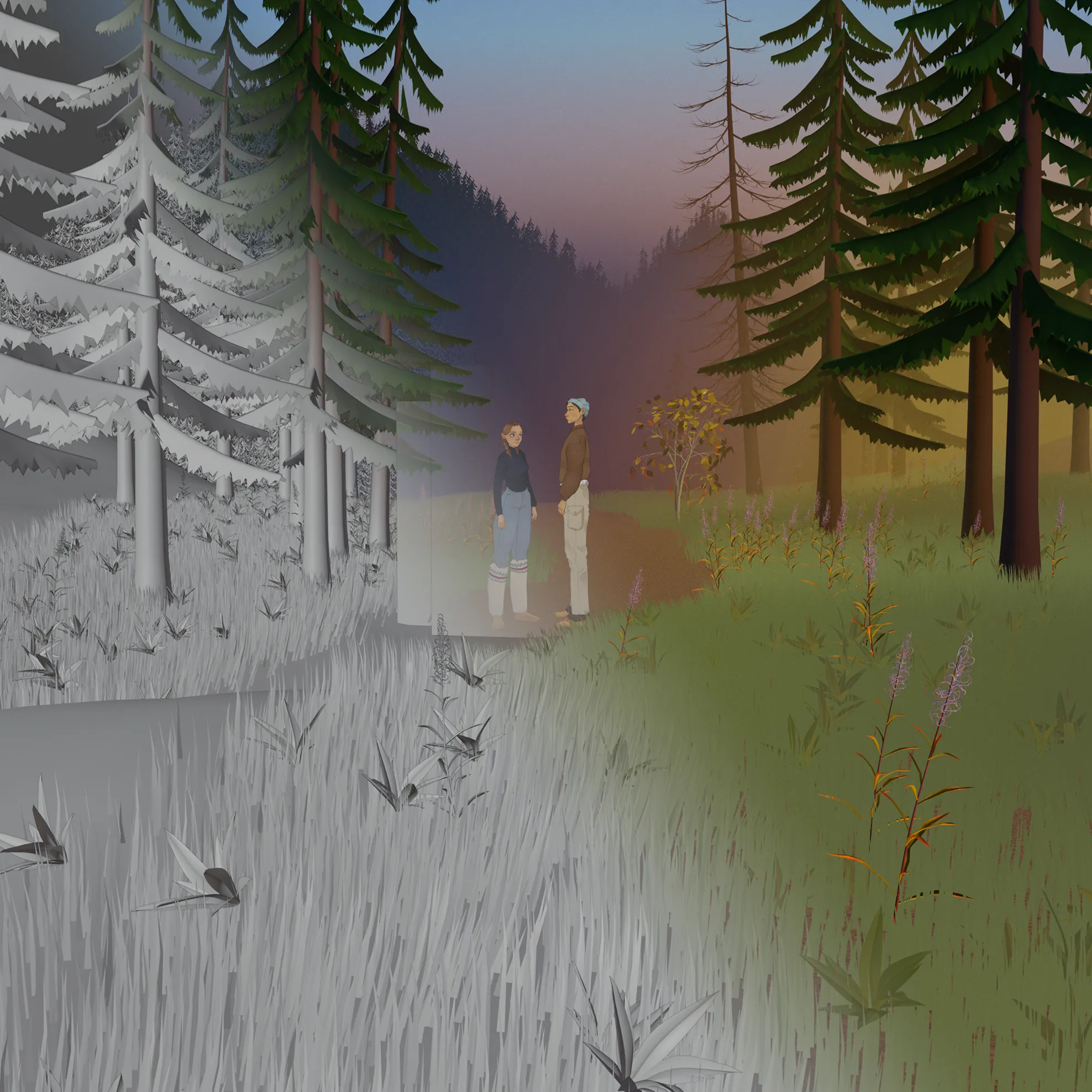 Split-screen composite image of a 3D forest environment. The left side shows the untextured grayscale wireframe geometry, while the right side reveals the final full-color render with sunset lighting and two 2D animated characters standing on a path.