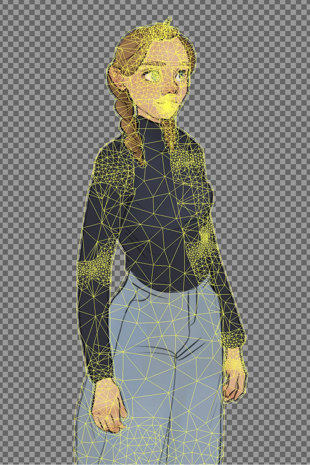 The animated character Sam overlaid with a dense, yellow triangular wireframe mesh on a transparent background, illustrating the structural rigging used for facial expressions and body movement.