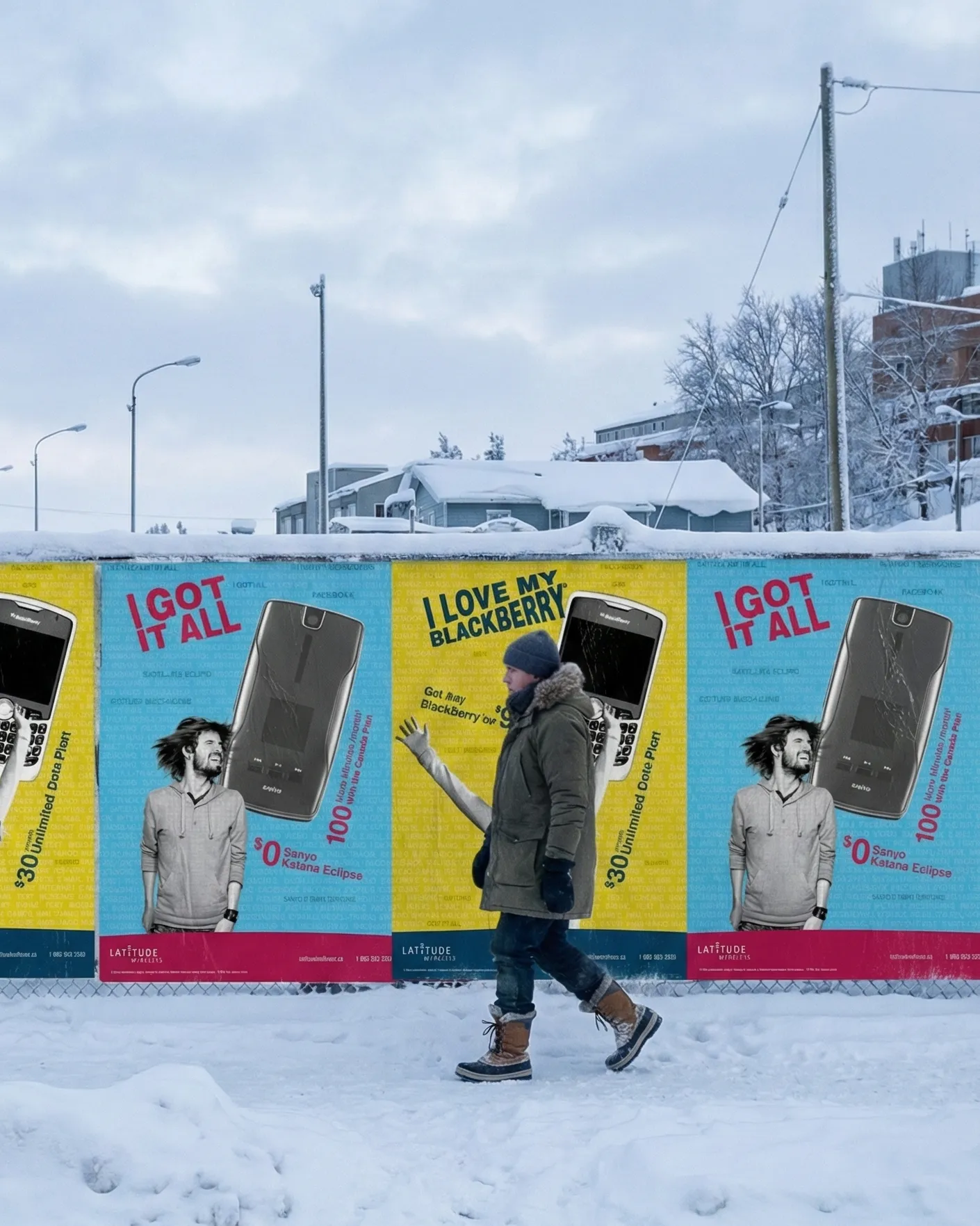 Outdoor advertising campaign posters for Latitude Wireless displayed on a fence in a snowy winter street scene.