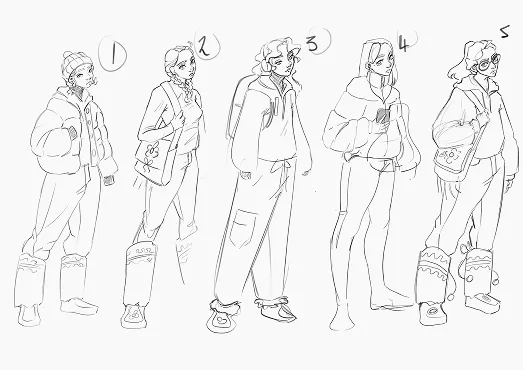 Five numbered black-and-white line-art concept sketches exploring various hairstyles, winter jackets, and accessory combinations for the character Sam.