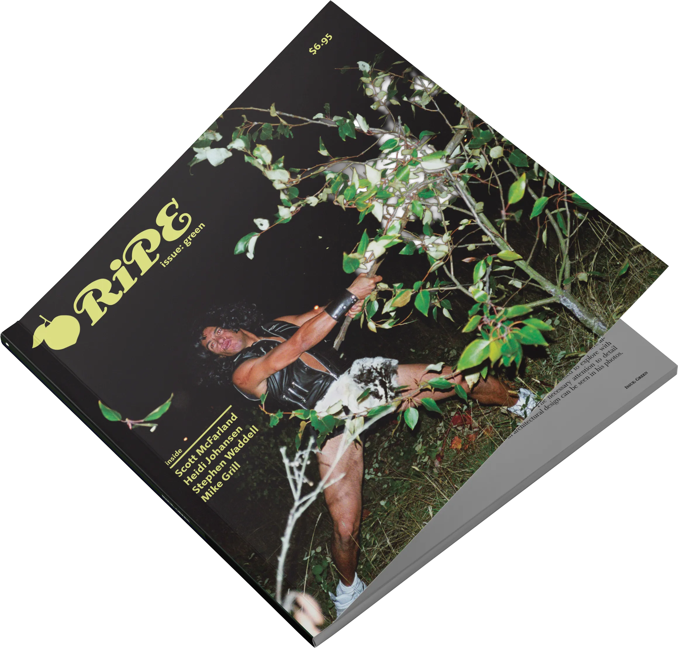 Magazine cover design for RiPE issue: green, featuring an edgy photograph of a person in a dark forest holding branches.