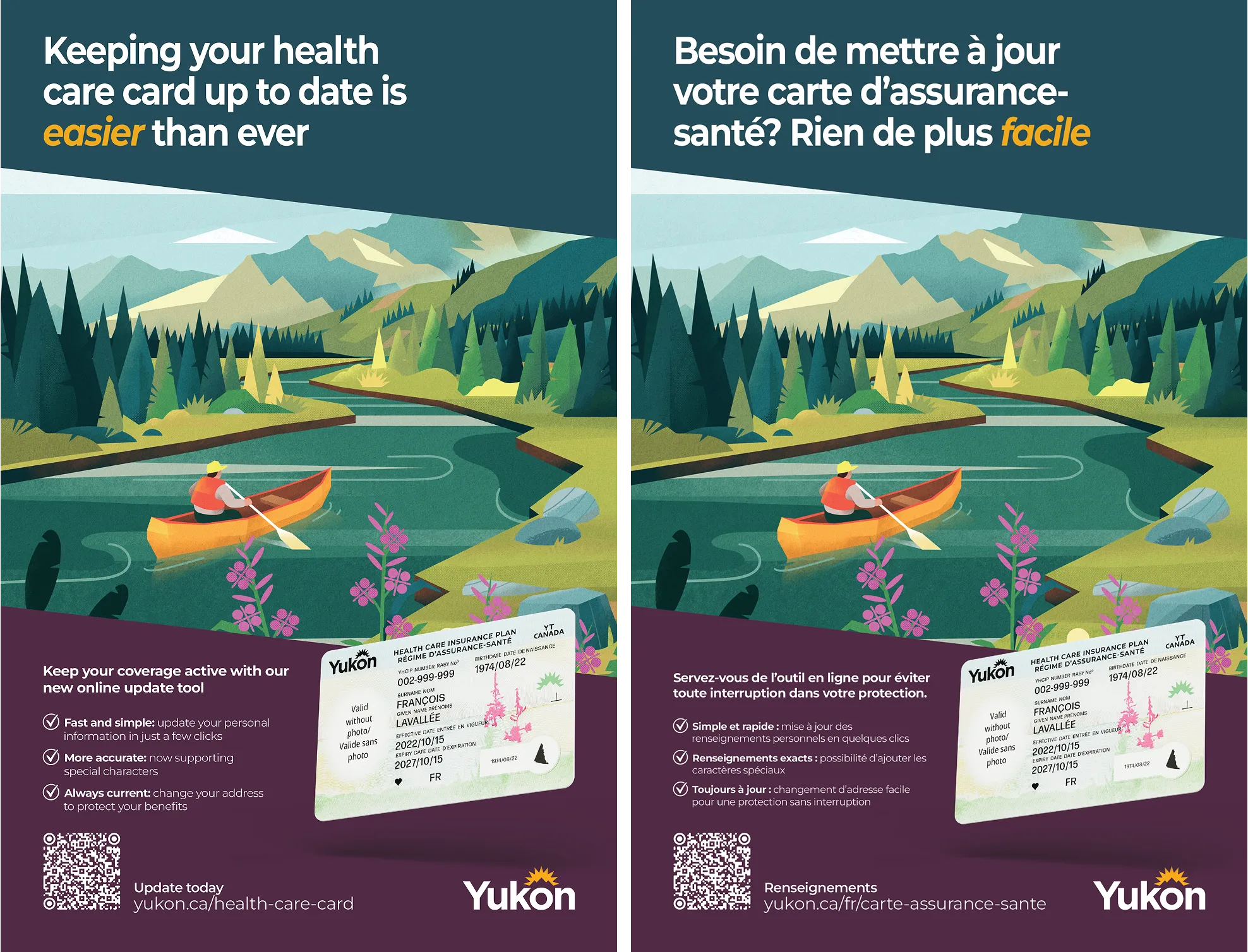 Two side-by-side Yukon government posters, one in English and one in French, promoting a new online tool to update health care cards. Both posters feature a stylized nature illustration of a person canoeing down a winding river with mountains in the background, along with a sample Yukon Health Care Insurance Plan card. The English poster is titled "Keeping your health care card up to date is easier than ever" and includes a QR code with the URL yukon.ca/health-care-card, while the French poster displays the translated equivalent.