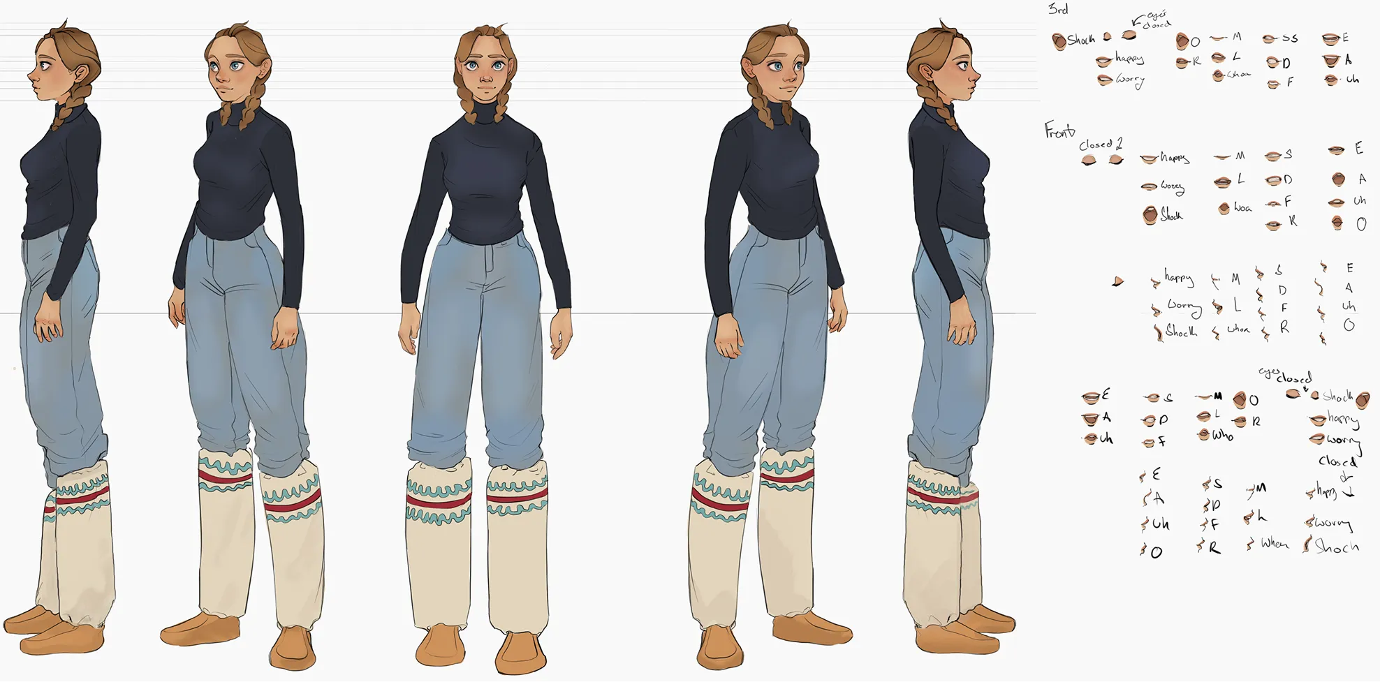 Full-color character turnaround and reference sheet for the character Sam. The image shows her from four angles, wearing traditional mukluks, alongside a detailed lip-sync and facial expression chart.