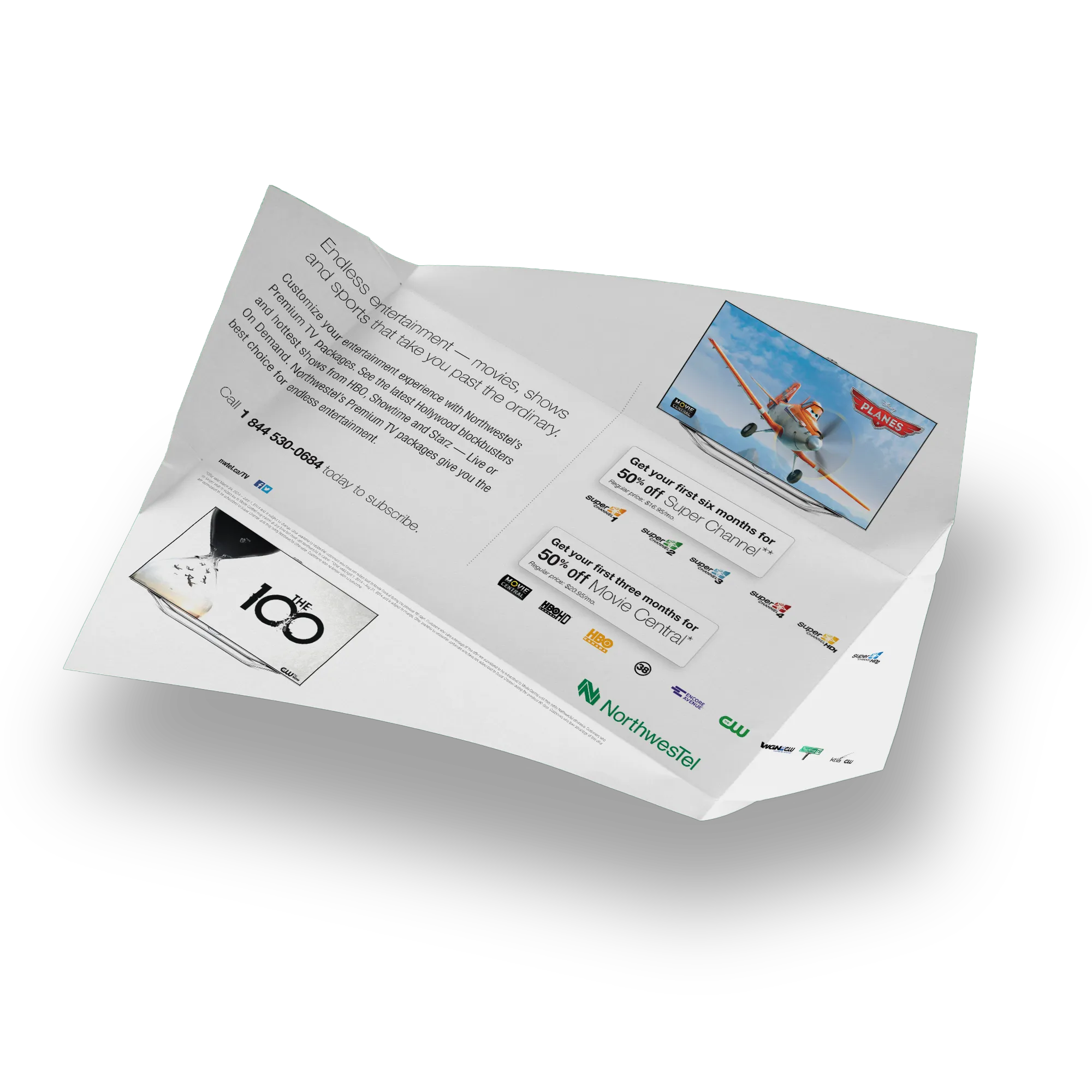 Folded direct mail brochure design for Northwestel promoting premium TV packages on a white background.