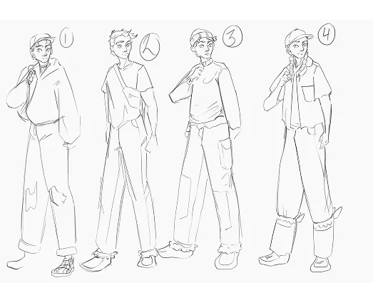 Four numbered black-and-white line-art concept sketches exploring different casual wardrobe and styling options for the character Friend.